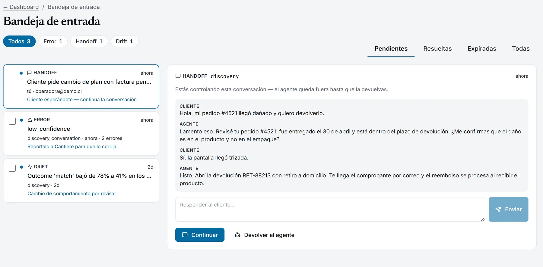 Bandeja de entrada con alertas de error y drift